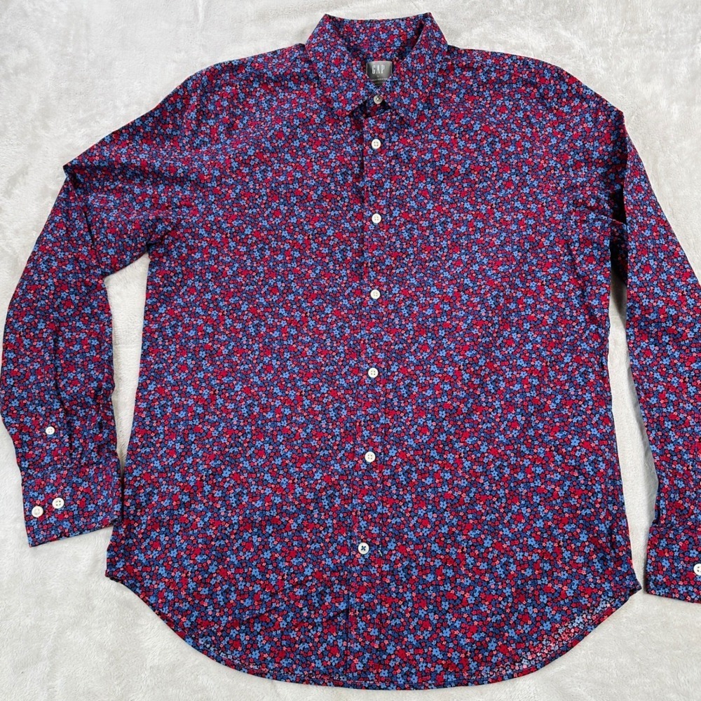 GAP Shirt Mens Large Floral Button Down Red Blue Wrinkle Resistant